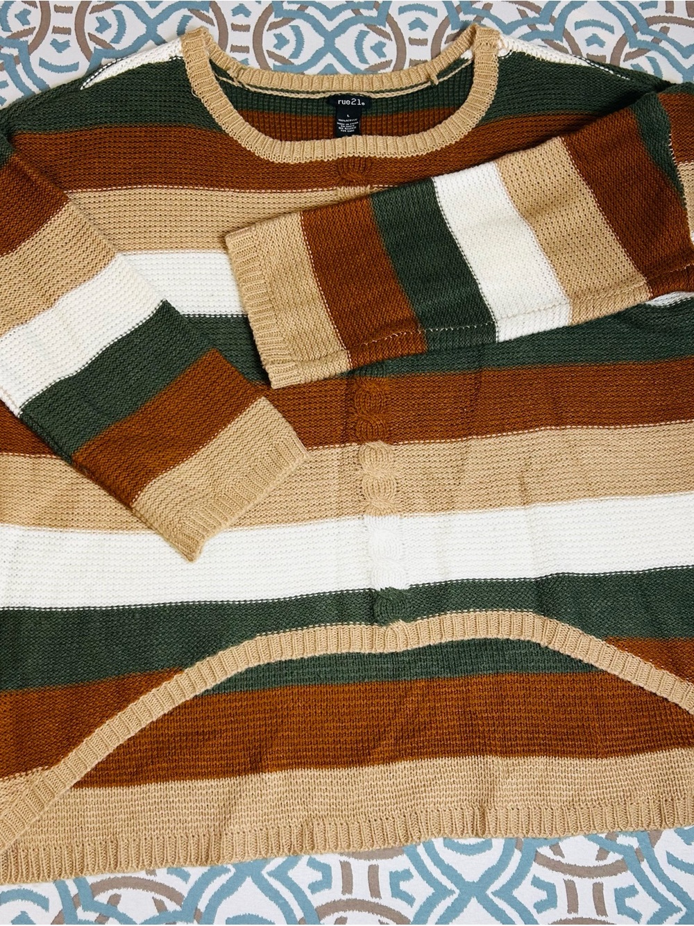 Rue21 Women's Striped Cardigan - Green, Brown, Cream, White